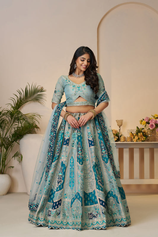 Sky Blue Banarasi Silk Sequins & Zari Embroidered Bridal Lehenga