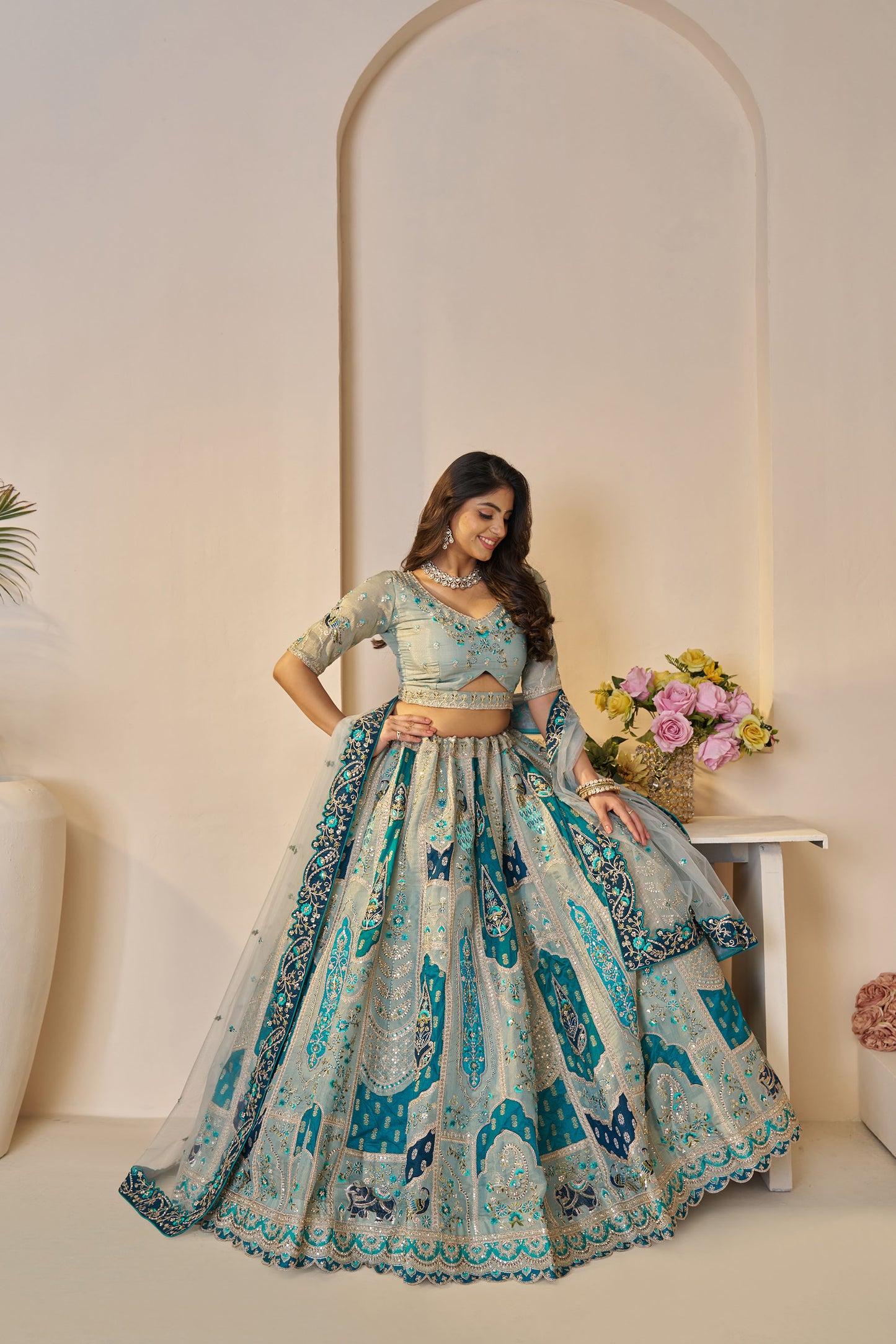 Sky Blue Banarasi Silk Sequins & Zari Embroidered Bridal Lehenga
