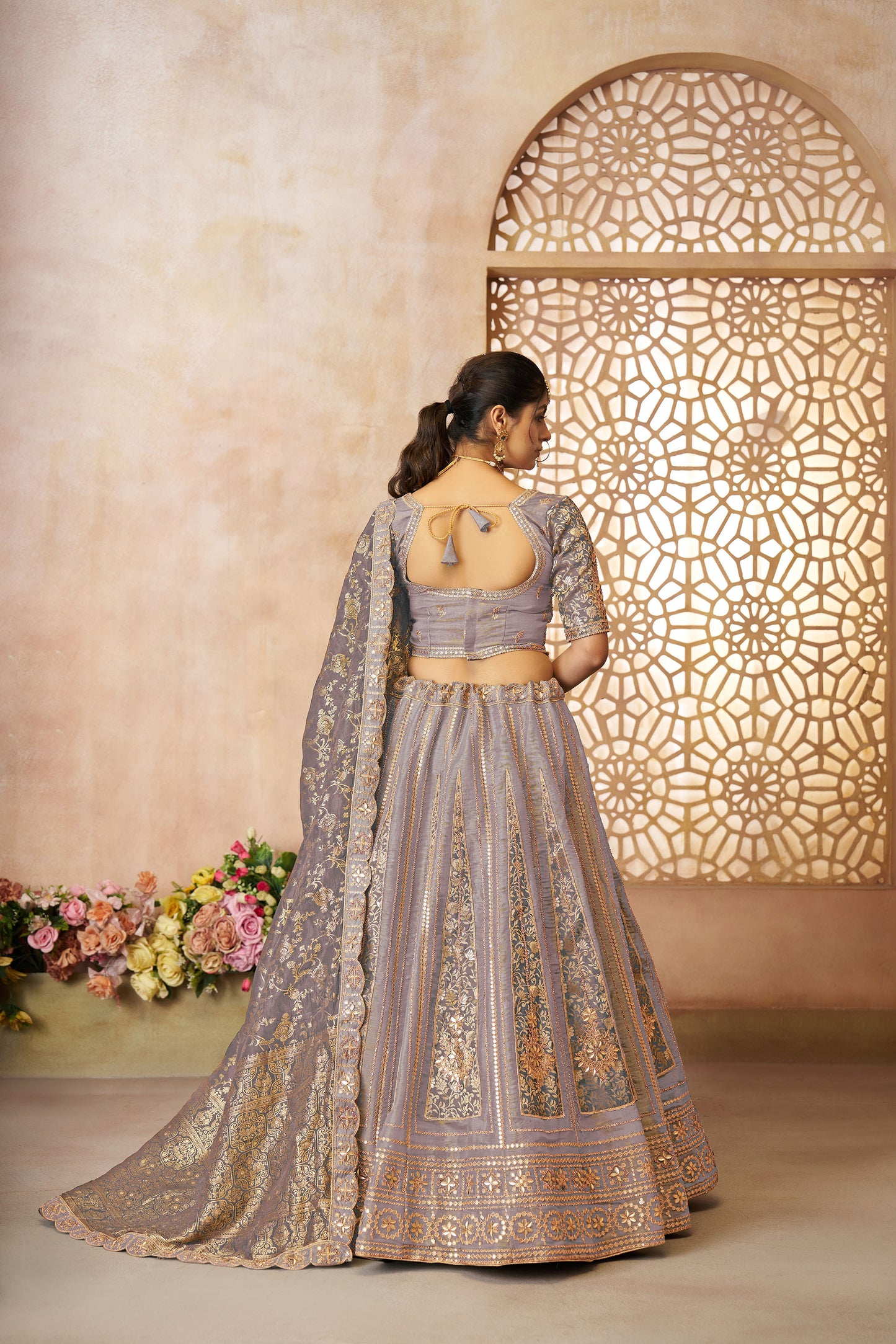 Onion Pink Tissue & Banarasi Zari Work Bridal Lehenga