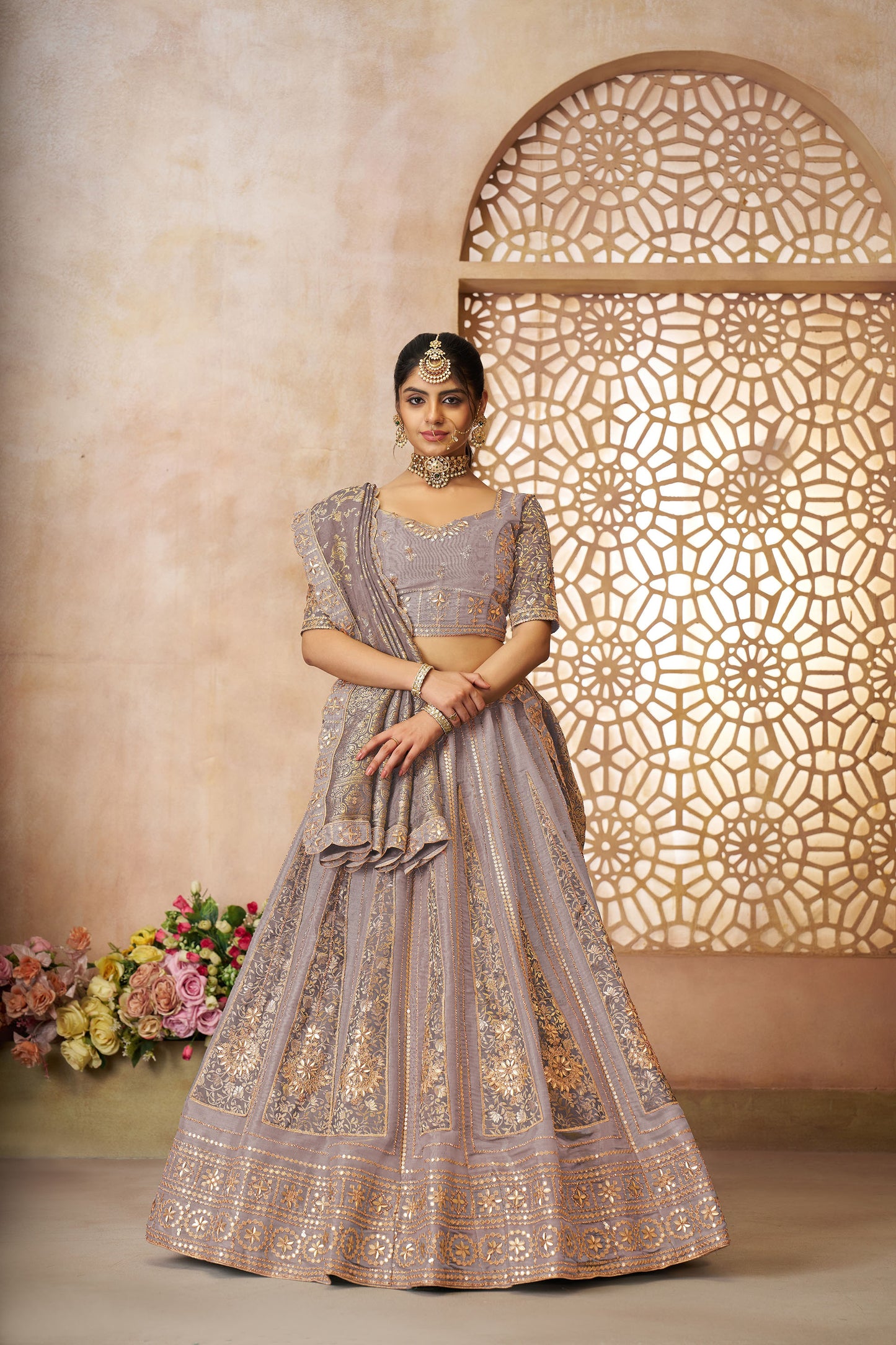 Onion Pink Tissue & Banarasi Zari Work Bridal Lehenga