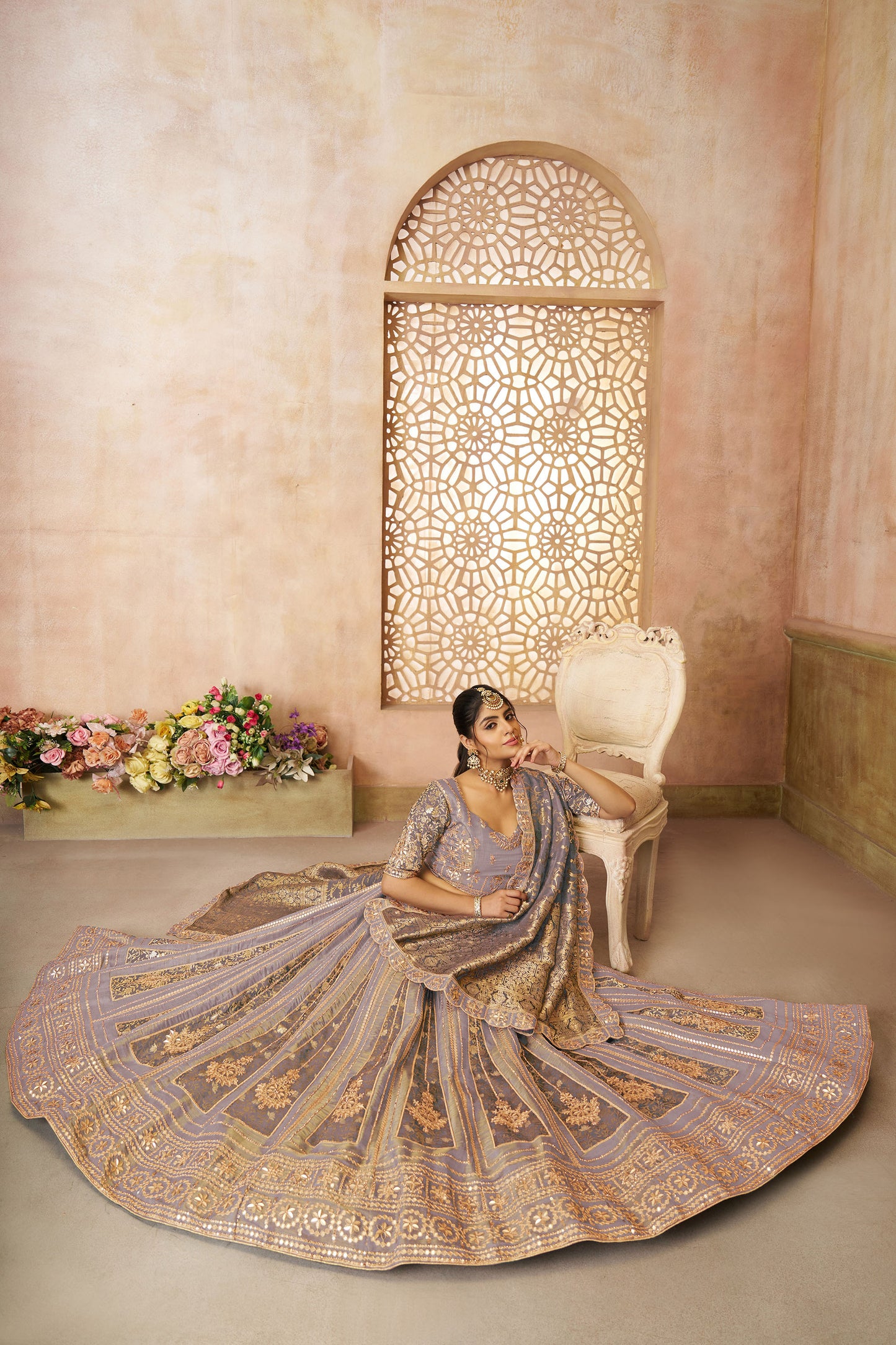 Onion Pink Tissue & Banarasi Zari Work Bridal Lehenga