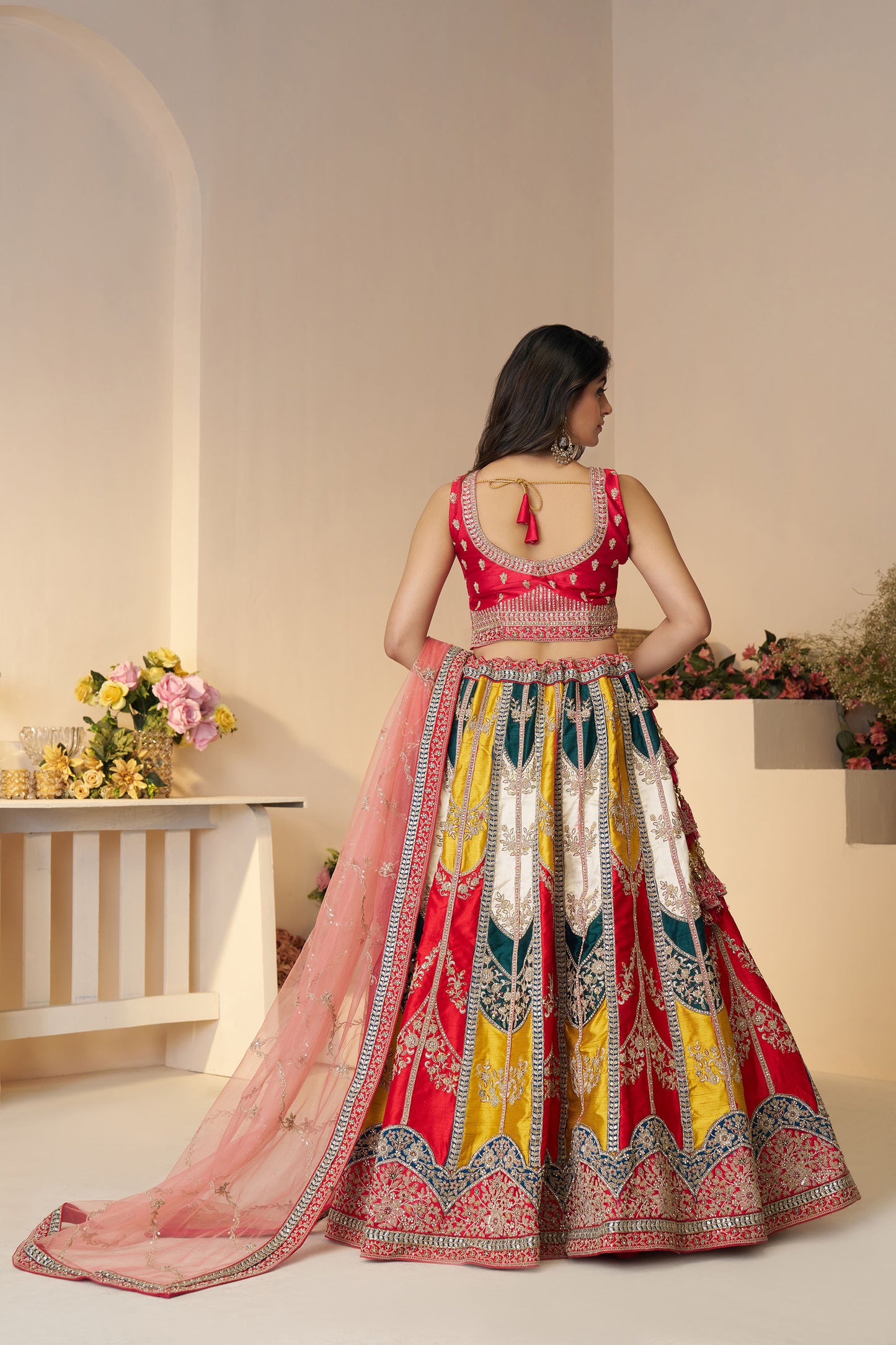 Multi Color Silk Zari Embroidery Haldi Lehenga for Wedding