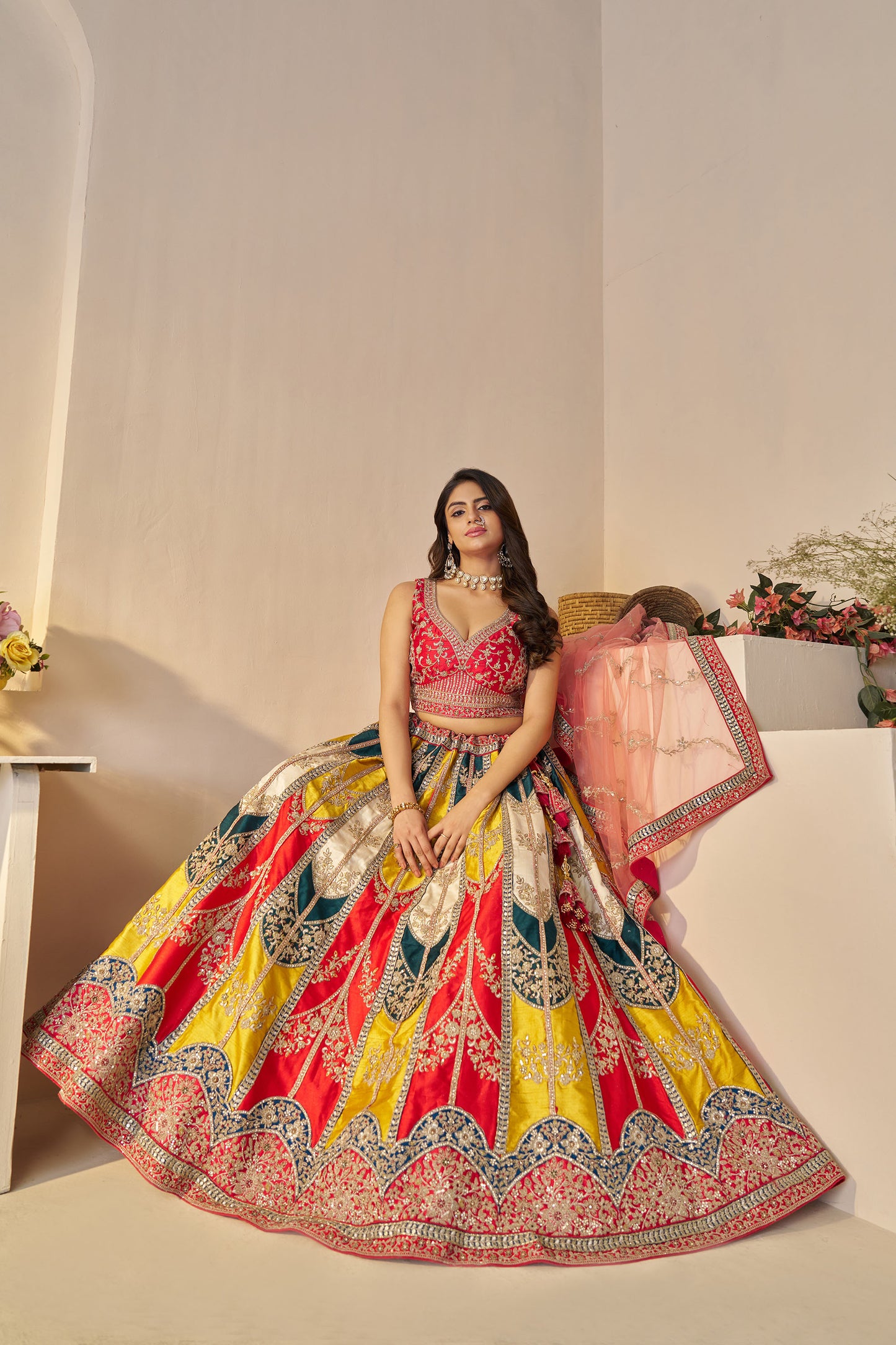 Multi Color Silk Zari Embroidery Haldi Lehenga for Wedding