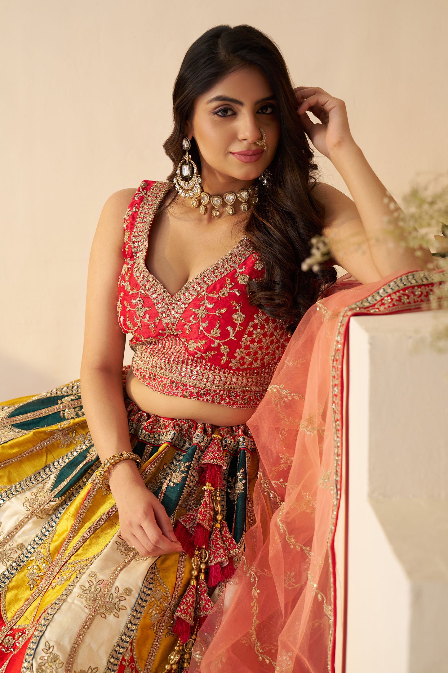 Multi Color Silk Zari Embroidery Haldi Lehenga for Wedding