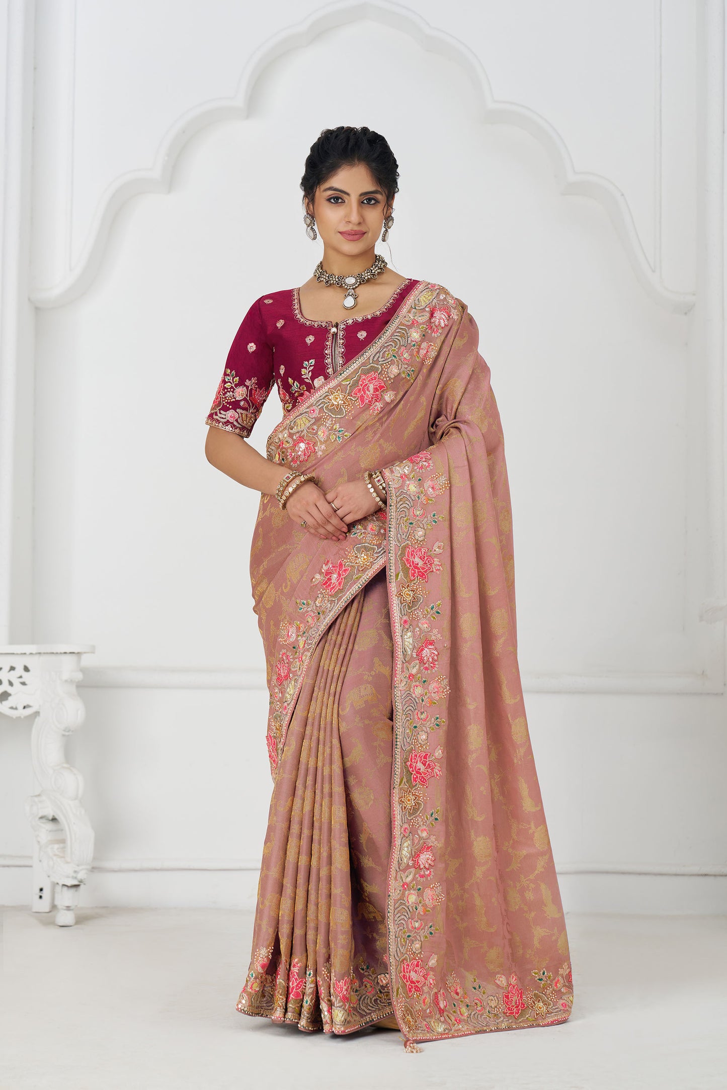 Peach Dola Viscose Silk Floral Work Festive Saree