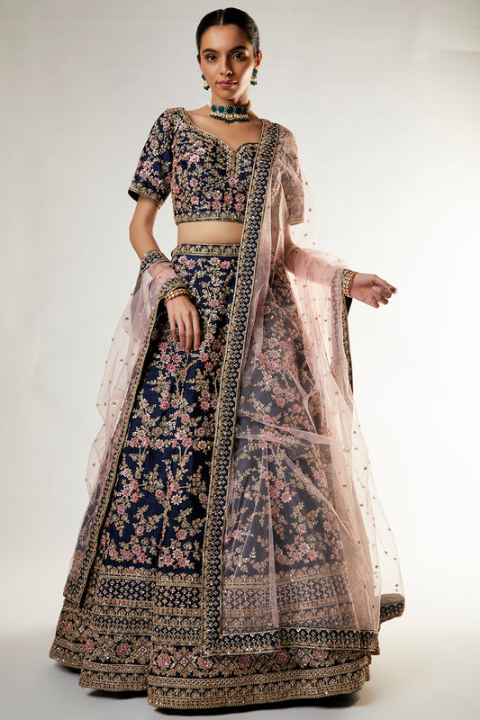 navy raw silk zardosi embroidered lehenga set