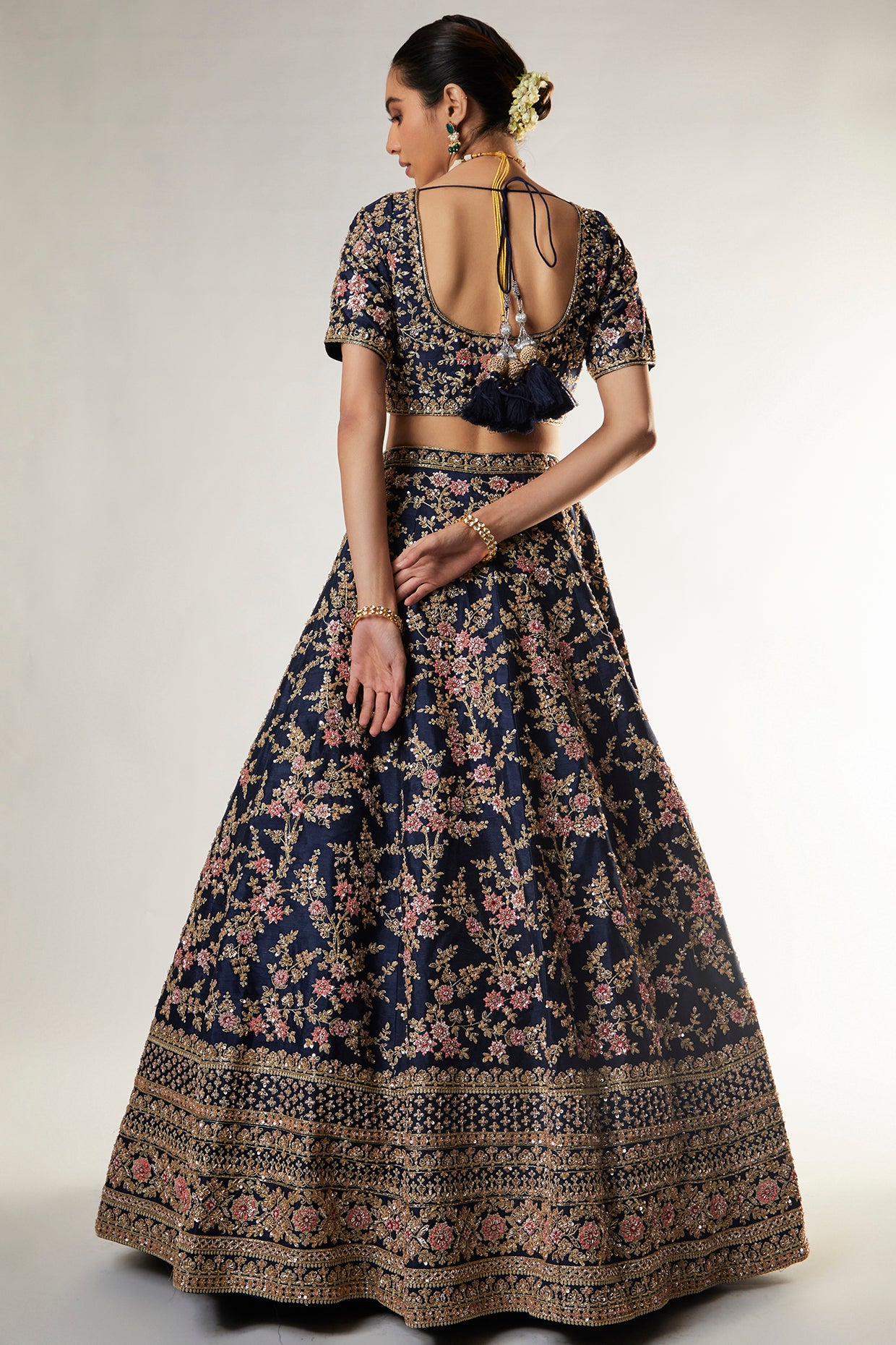 navy raw silk zardosi embroidered lehenga set