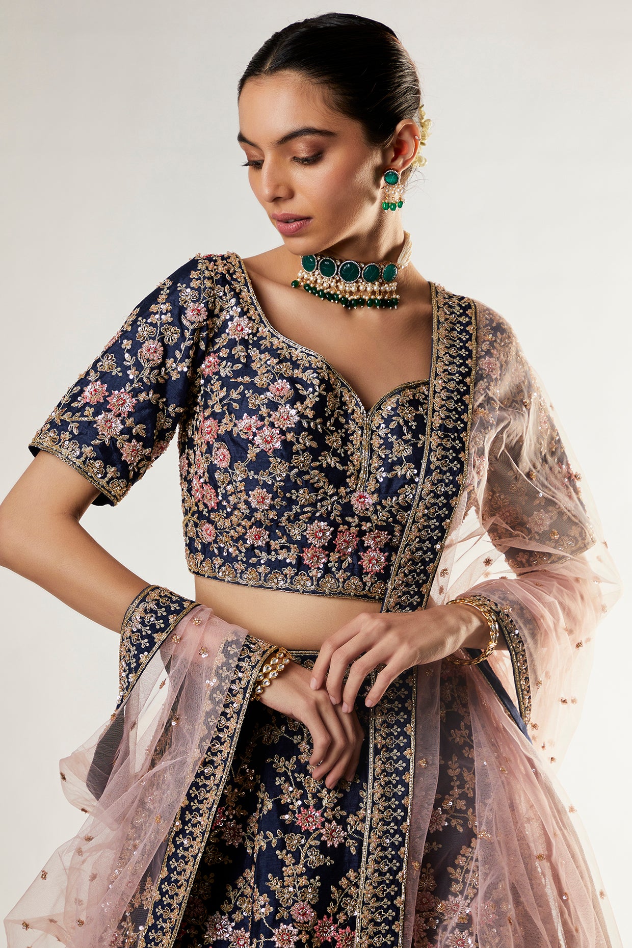 navy raw silk zardosi embroidered lehenga set