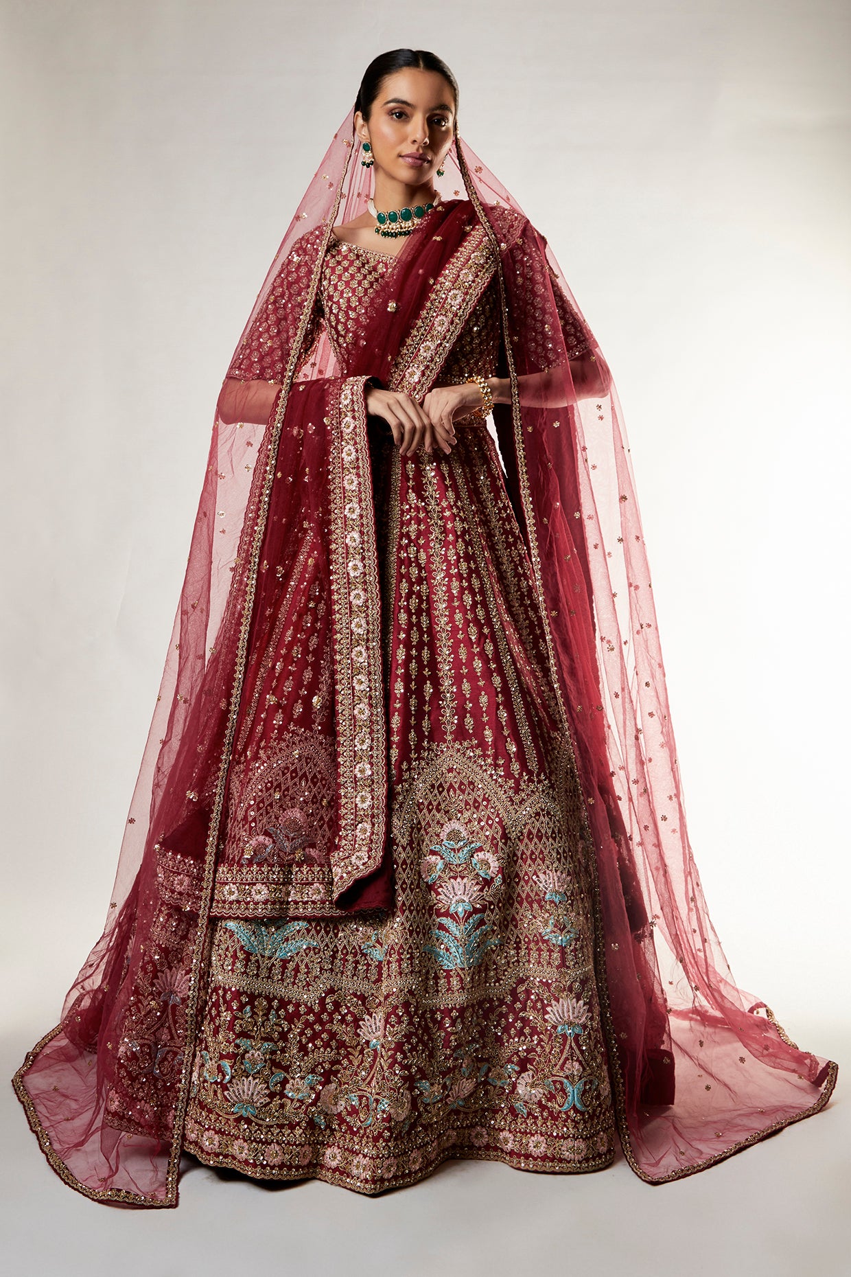 red raw silk zardosi embroidered lehenga set