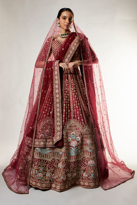 red raw silk zardosi embroidered lehenga set