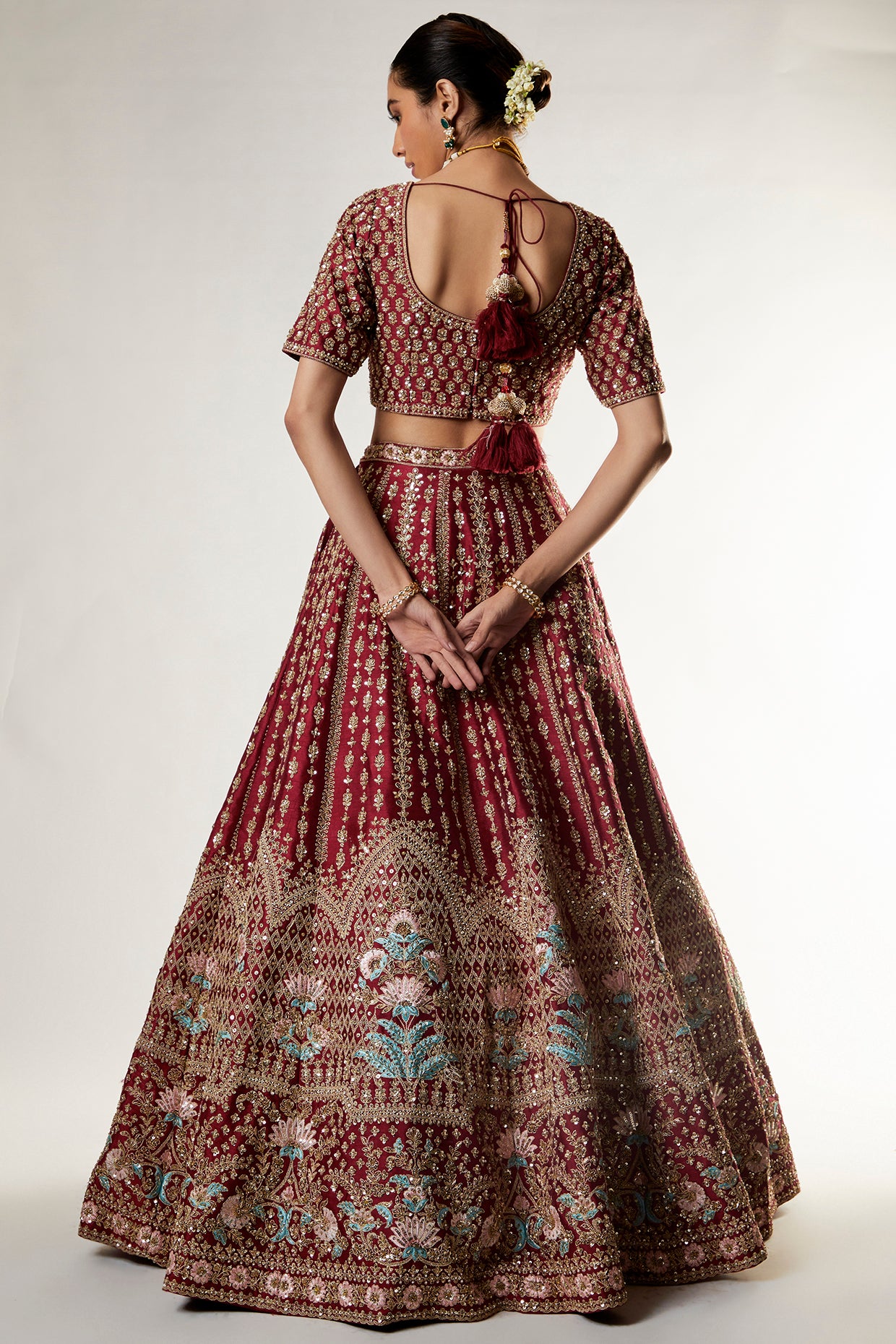 red raw silk zardosi embroidered lehenga set