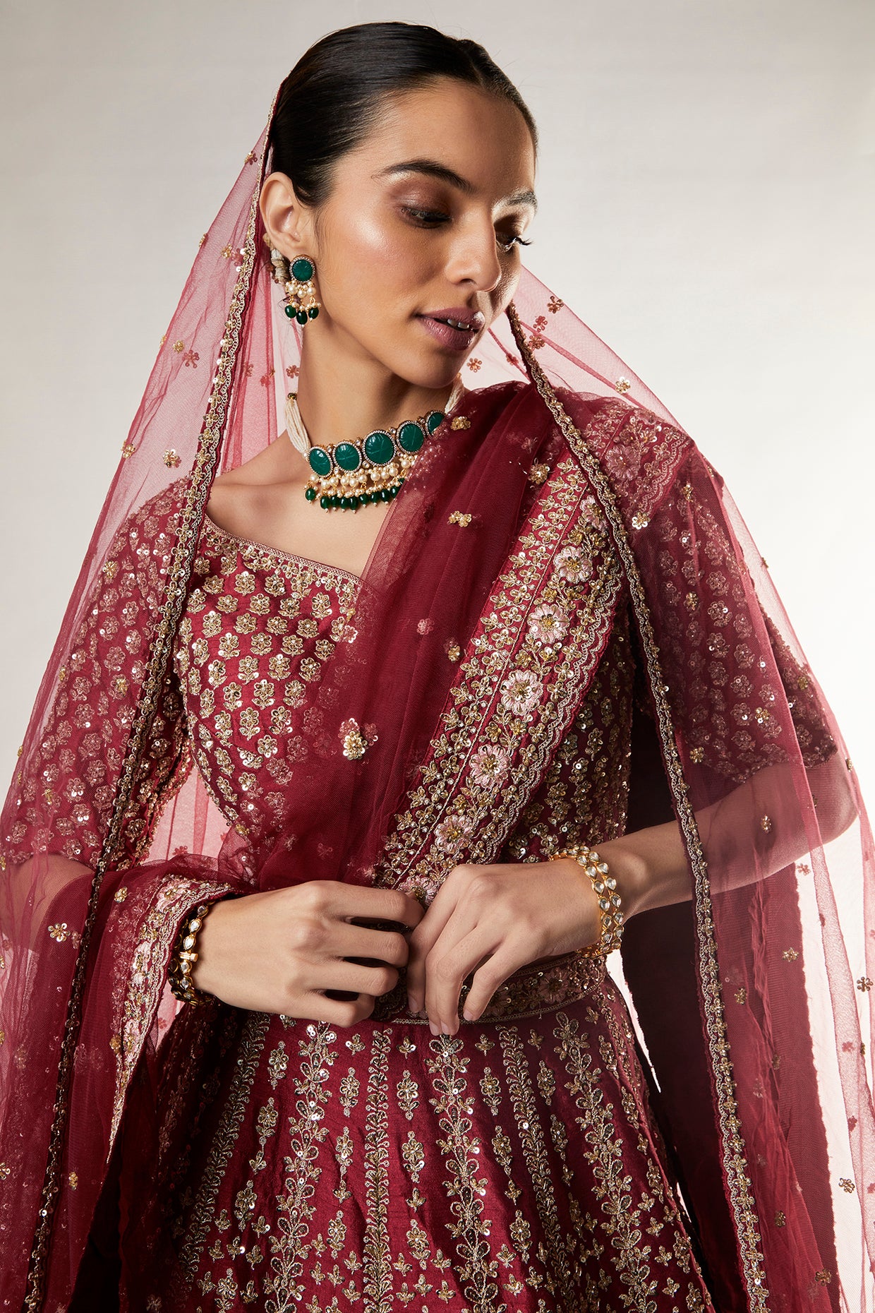 red raw silk zardosi embroidered lehenga set