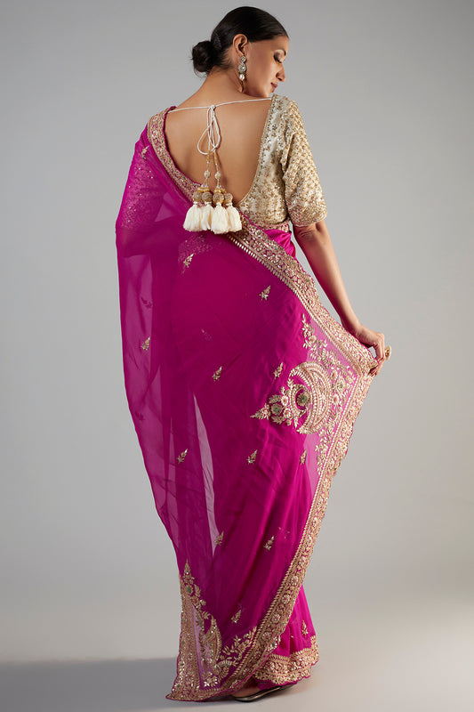 pink organza sequins embellished saree set