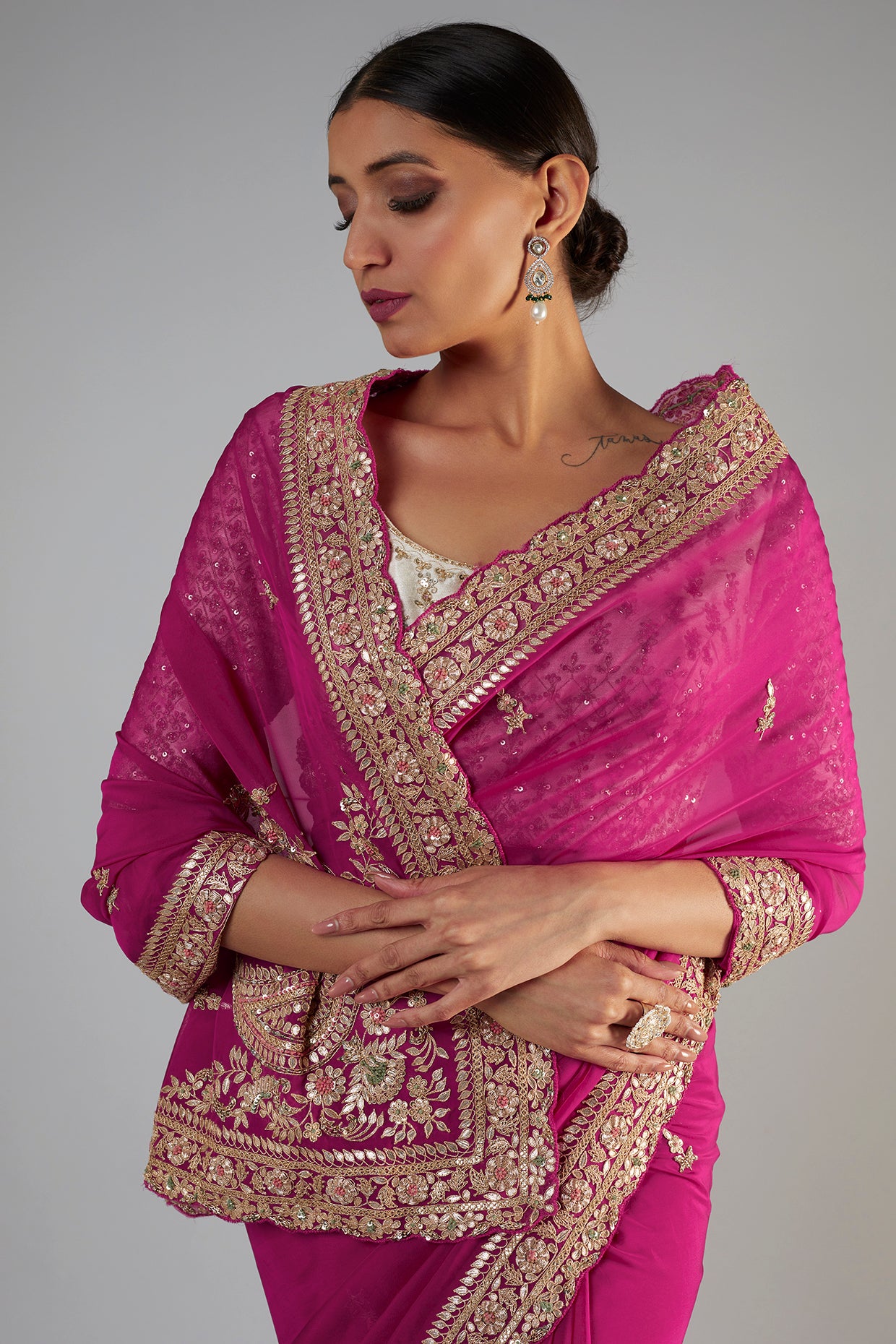 pink organza sequins embellished saree set