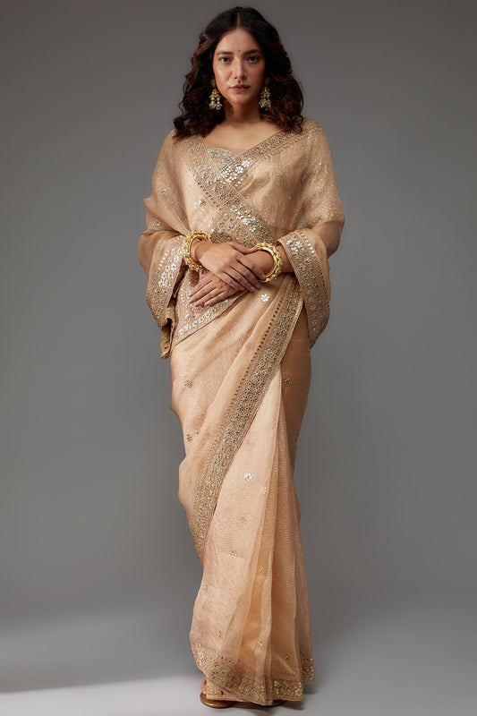 gold organza hand embroidered saree set
