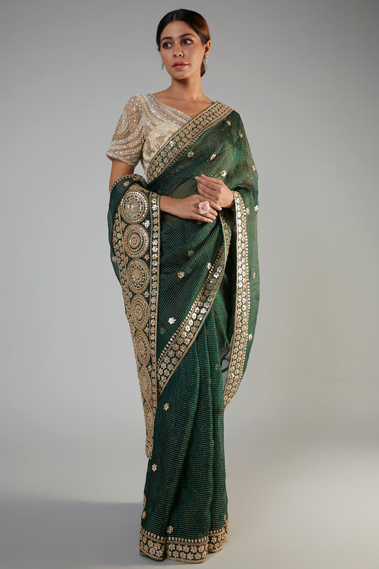 bottle green tissue organza embroidered saree set