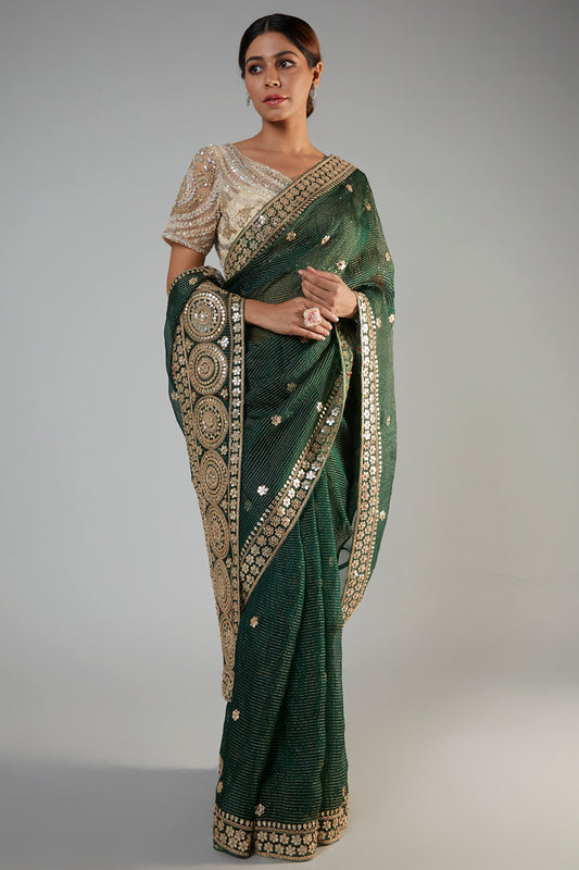 bottle green tissue organza embroidered saree set