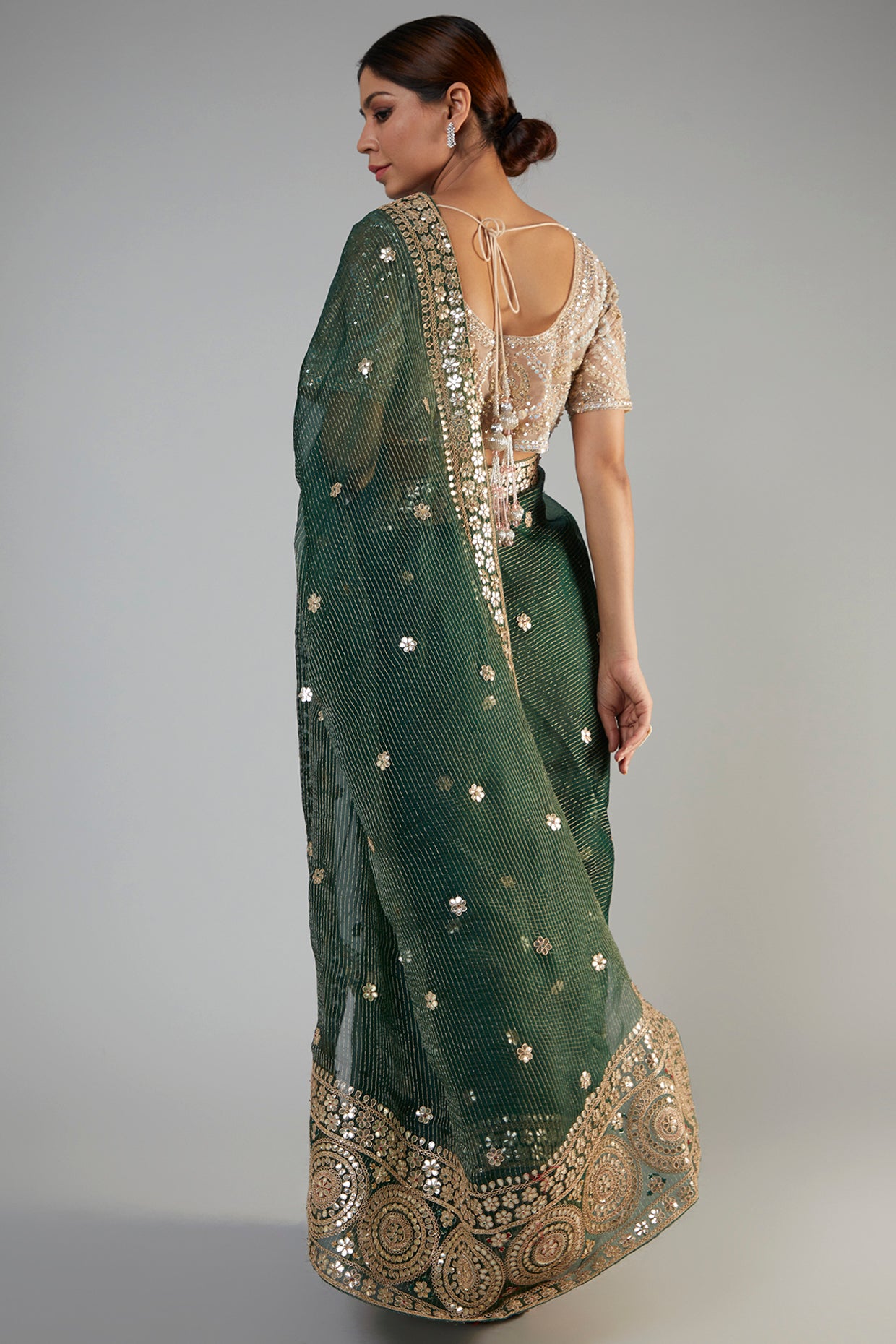 bottle green tissue organza embroidered saree set