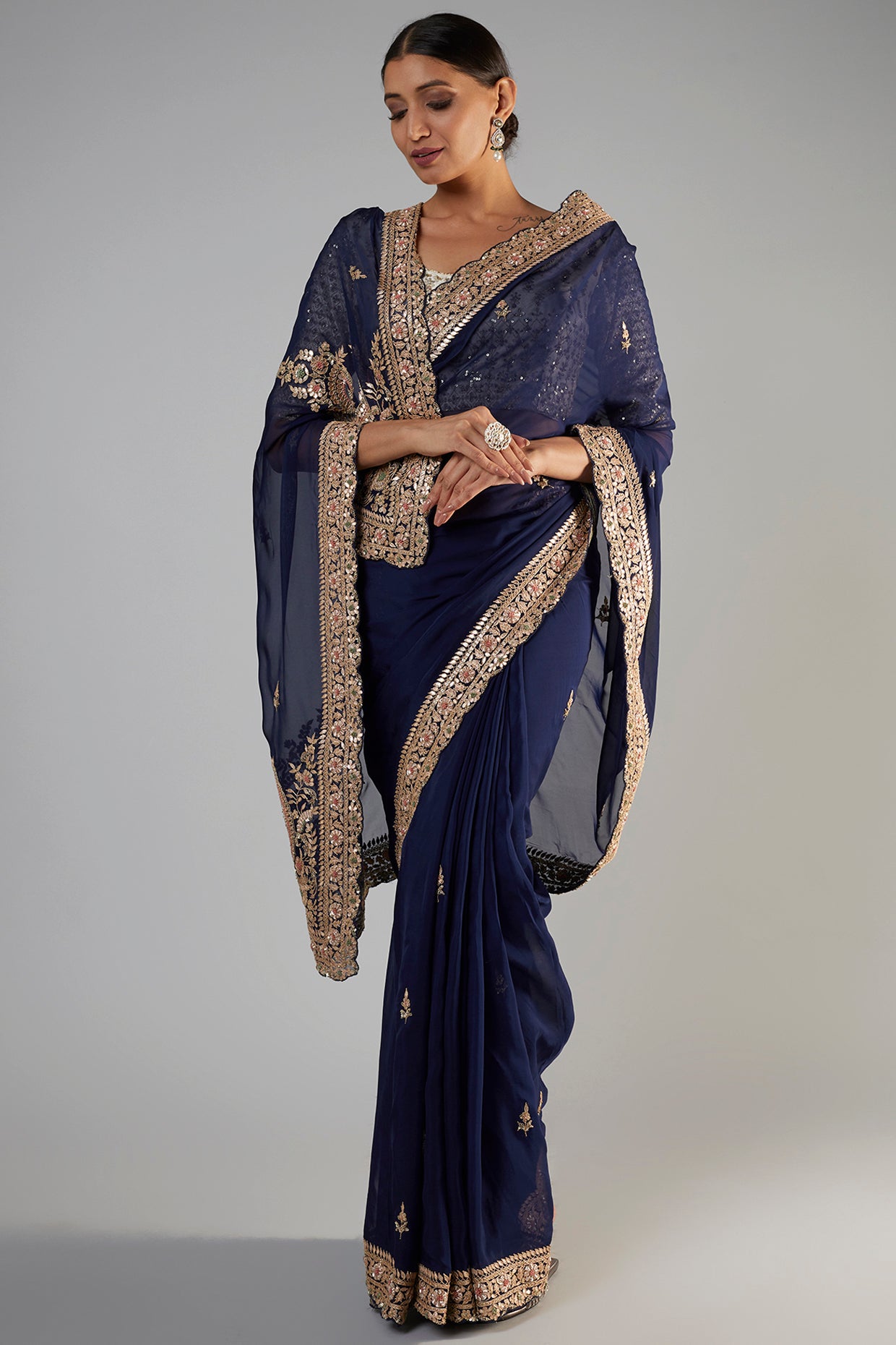 navy blue tissue organza embroidered saree set