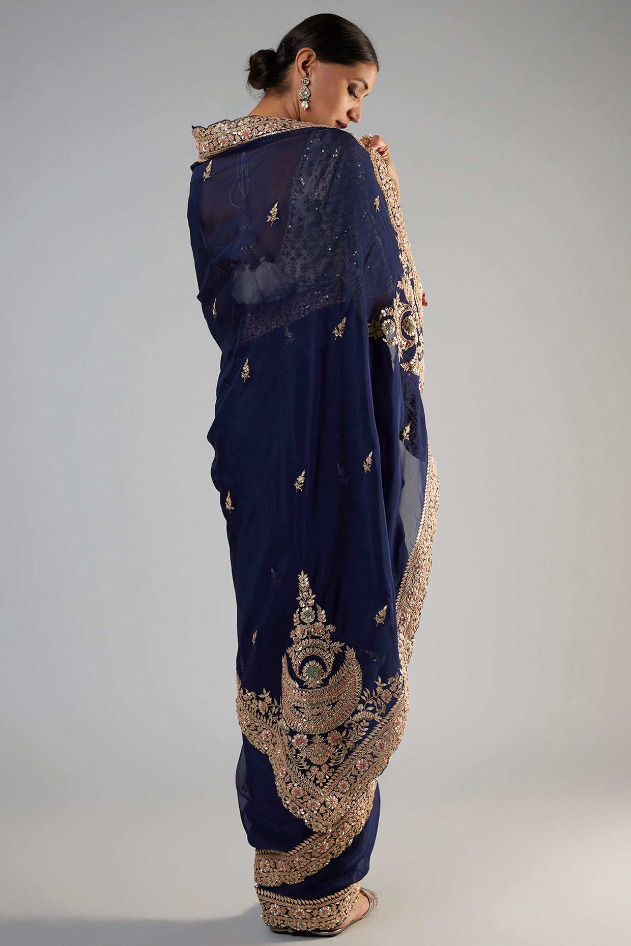 navy blue tissue organza embroidered saree set