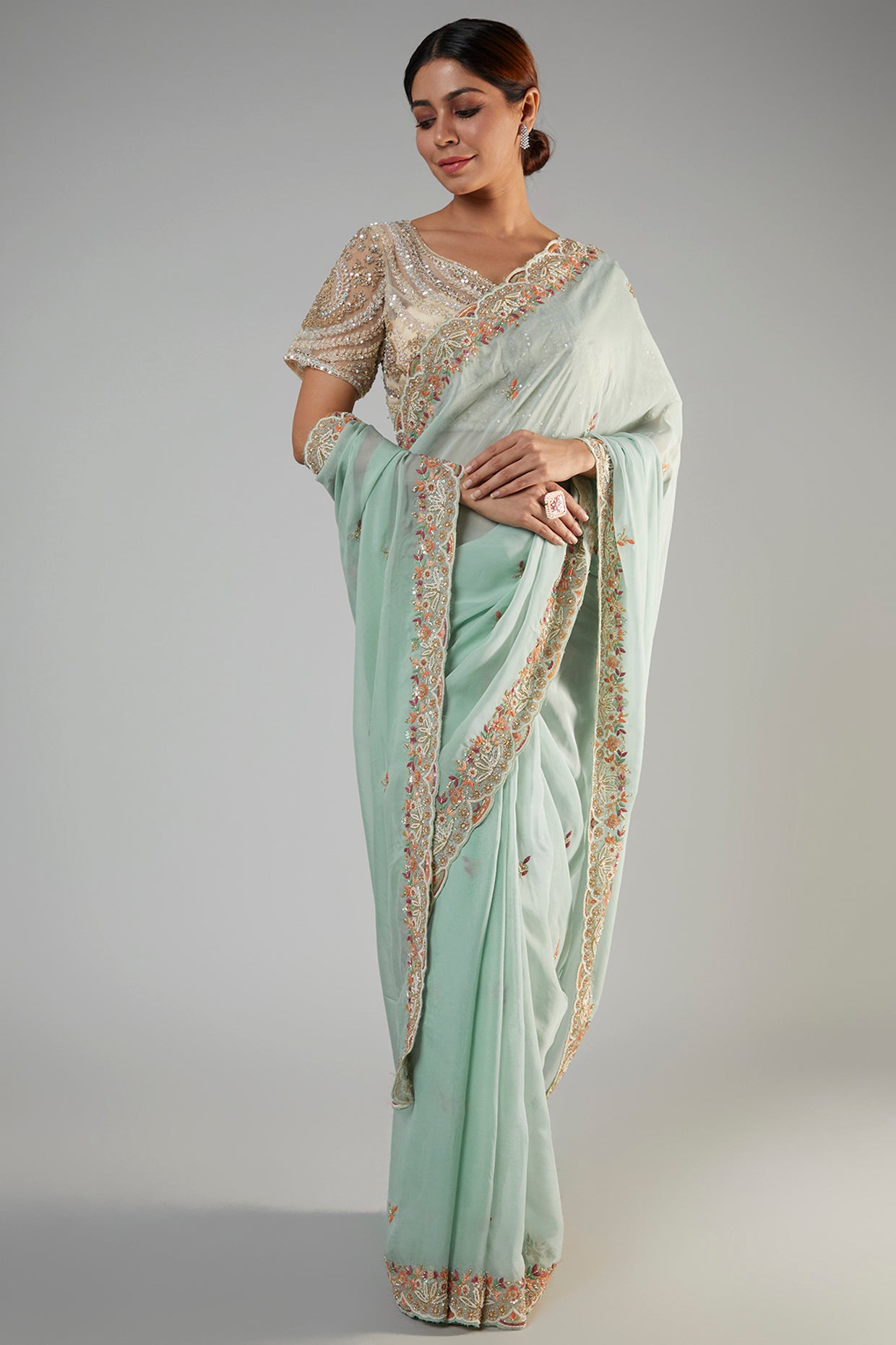 sea blue tissue organza embroidered saree set