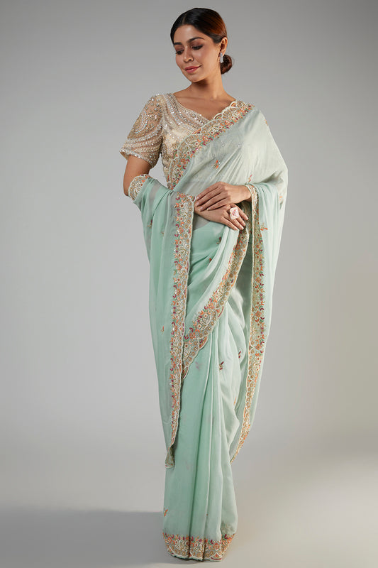 sea blue tissue organza embroidered saree set