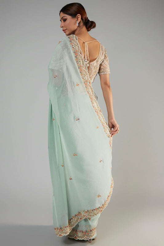 sea blue tissue organza embroidered saree set