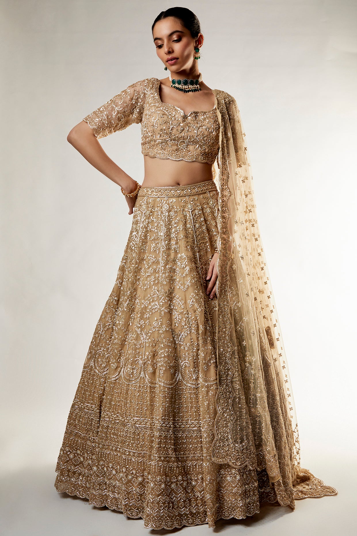 gold organza zardosi embroidered lehenga set