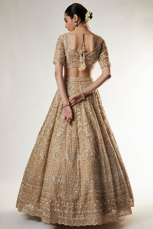 gold organza zardosi embroidered lehenga set