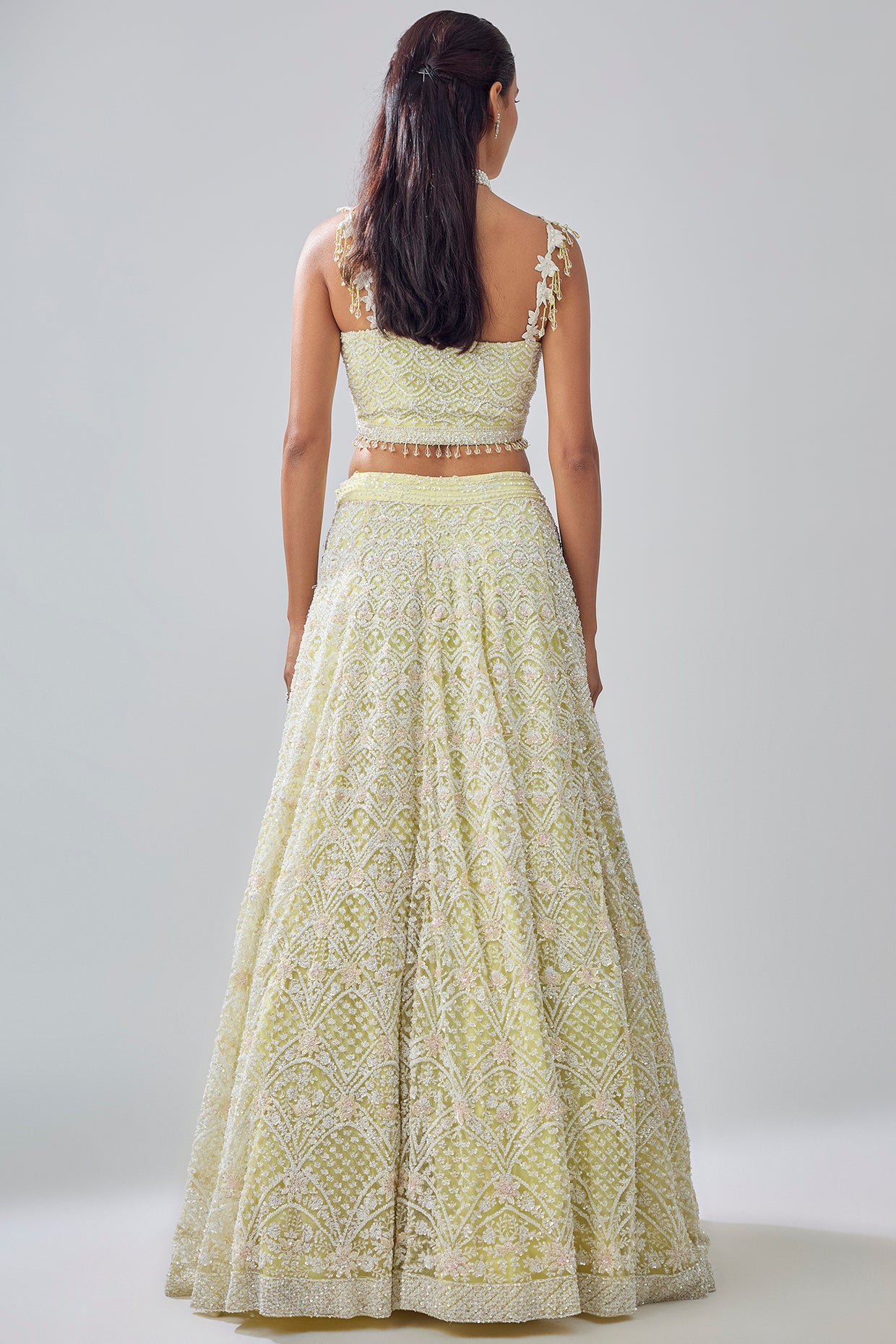 yellow net sequin & cutdana embroidered lehenga set