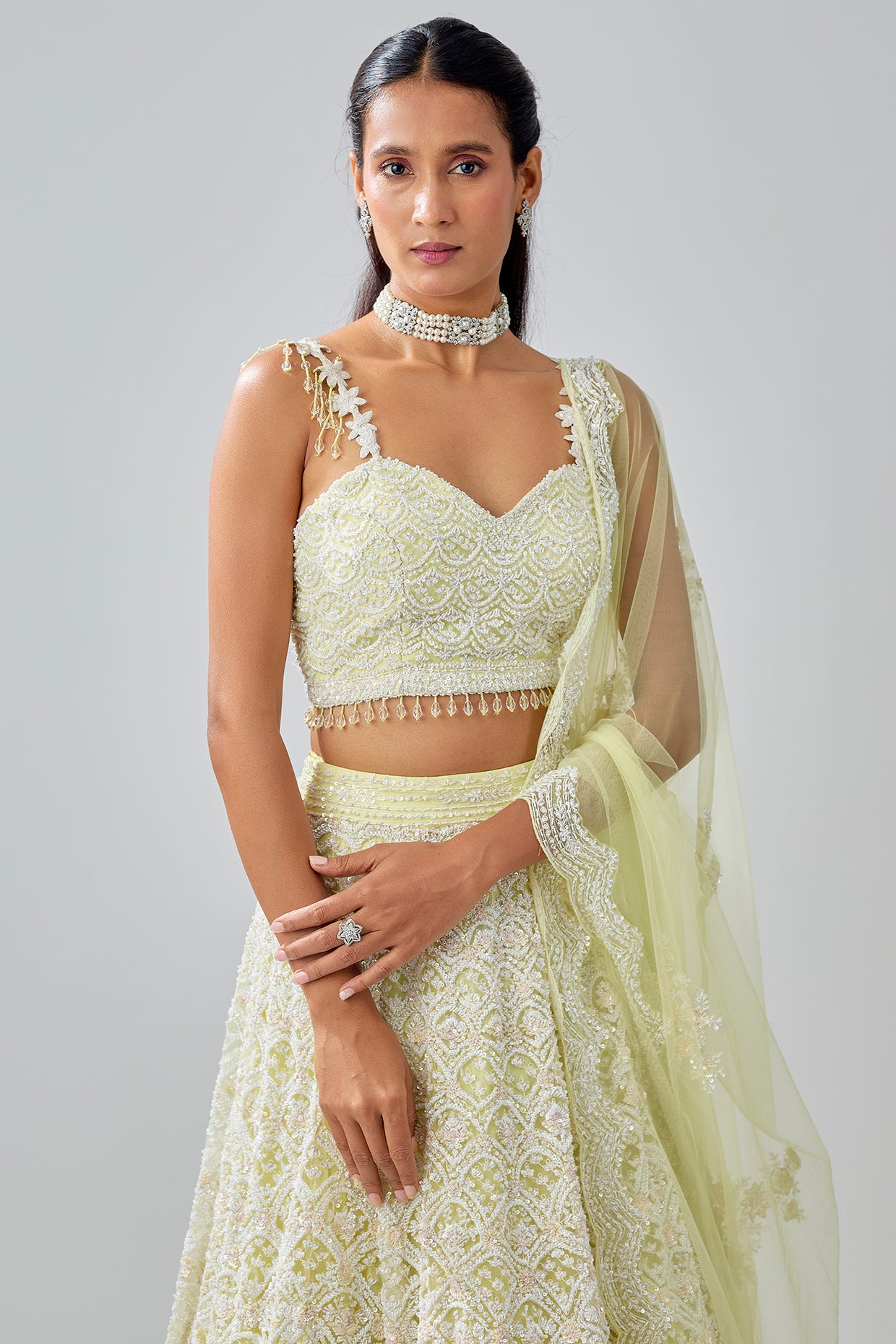 yellow net sequin & cutdana embroidered lehenga set