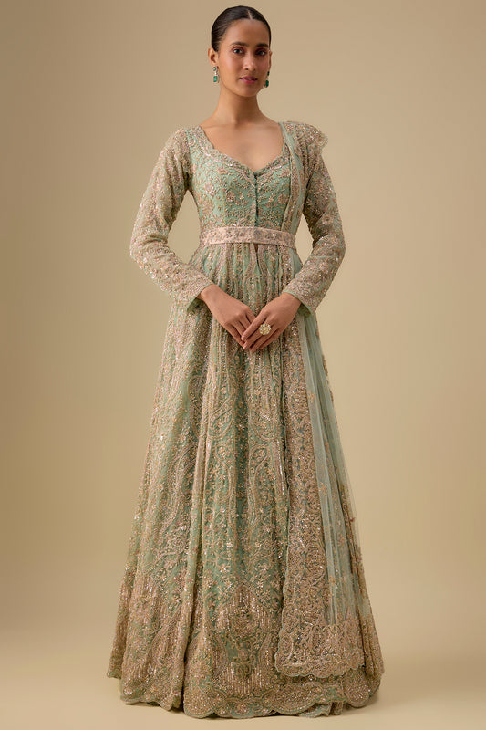 aqua organza hand & machine embroidered anarkali set