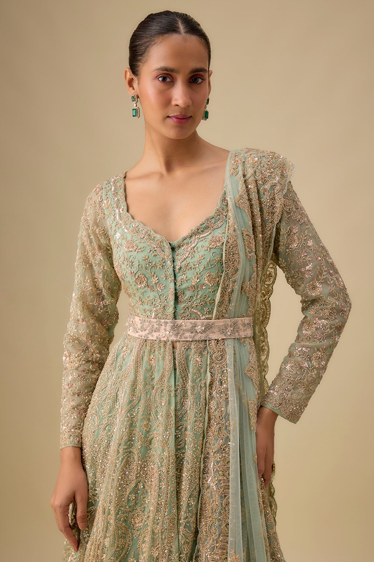 aqua organza hand & machine embroidered anarkali set