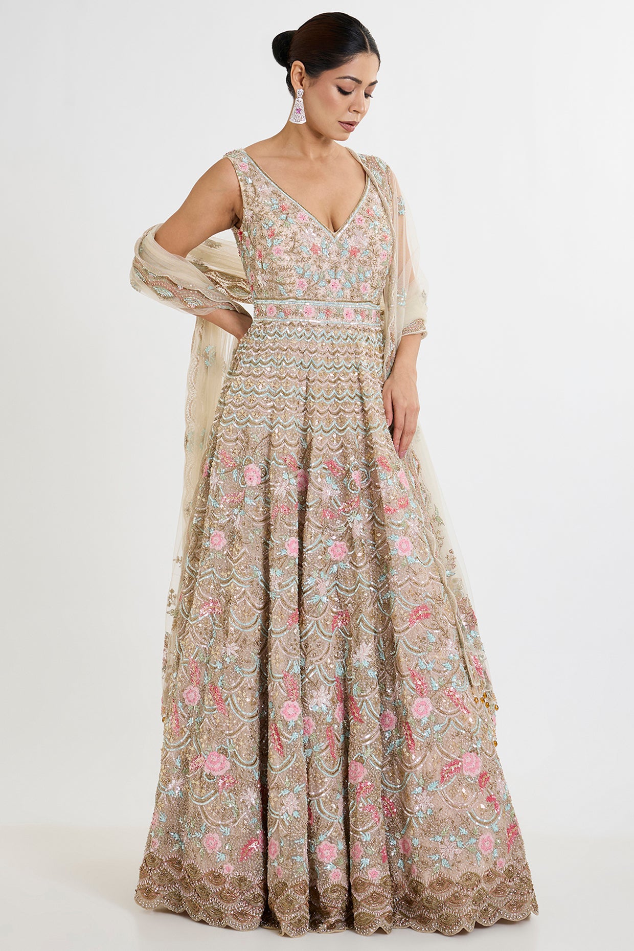multi-colored net zardosi embroidered anarkali set