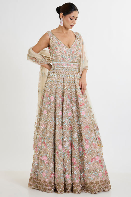 multi-colored net zardosi embroidered anarkali set