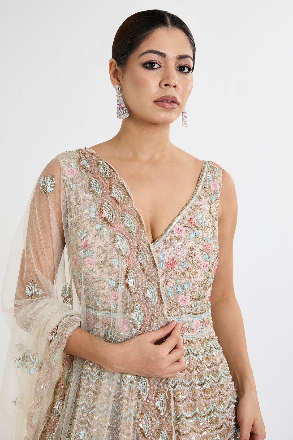 multi-colored net zardosi embroidered anarkali set