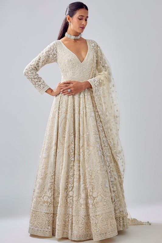 ivory tissue organza brocade zardosi embroidered jacket lehenga set