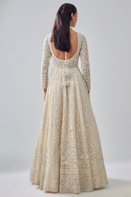 ivory tissue organza brocade zardosi embroidered jacket lehenga set