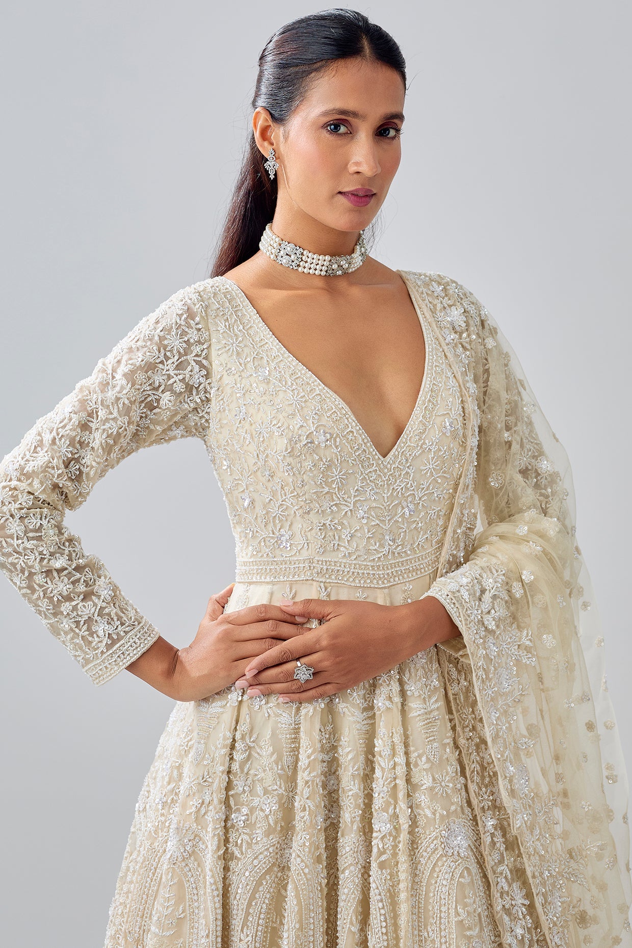 ivory tissue organza brocade zardosi embroidered jacket lehenga set