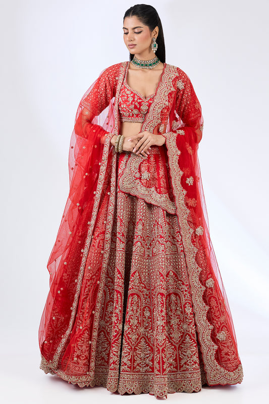 red raw silk zardosi embellished lehenga set