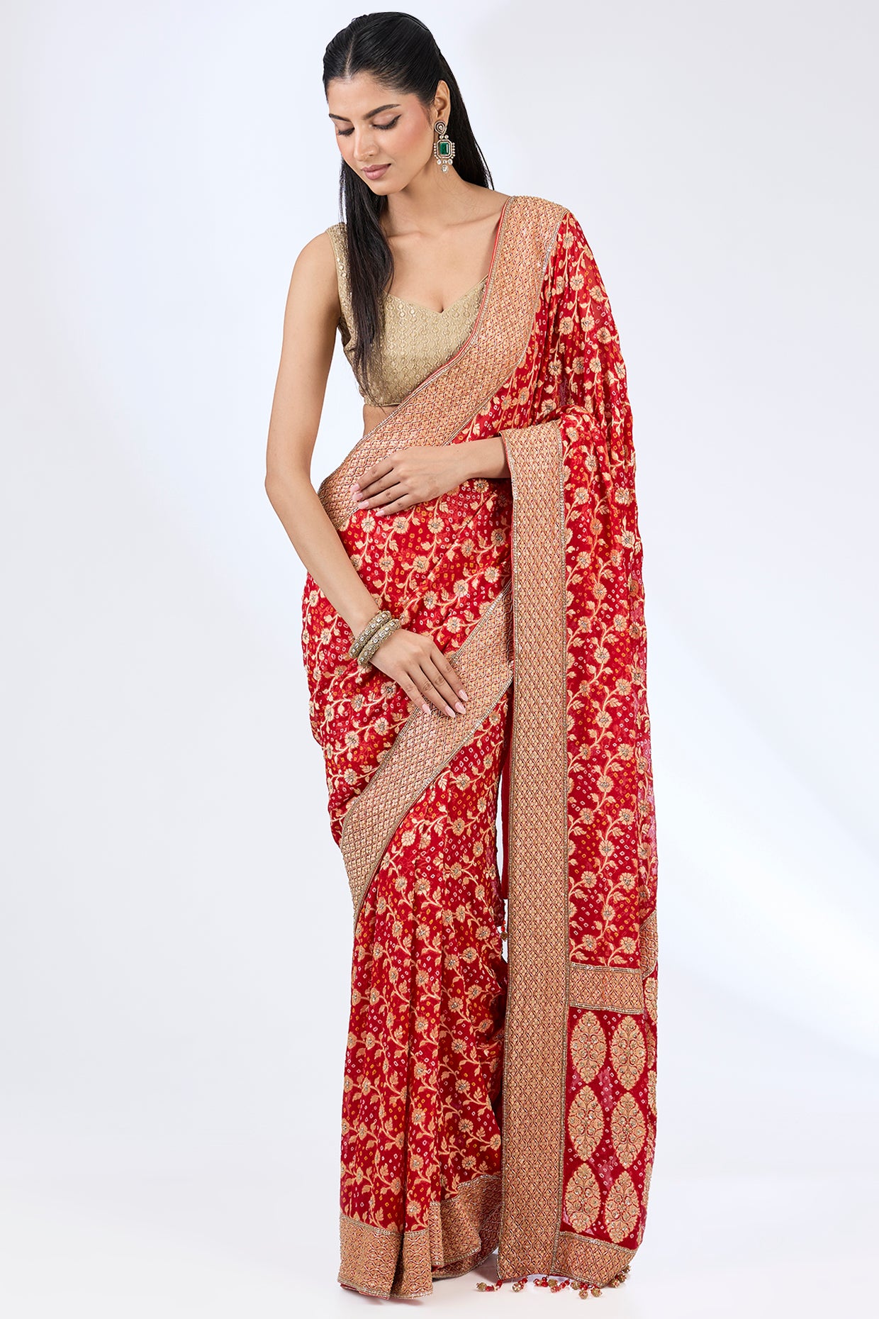 red bandhej handloom sequin & thread hand embroidered saree set