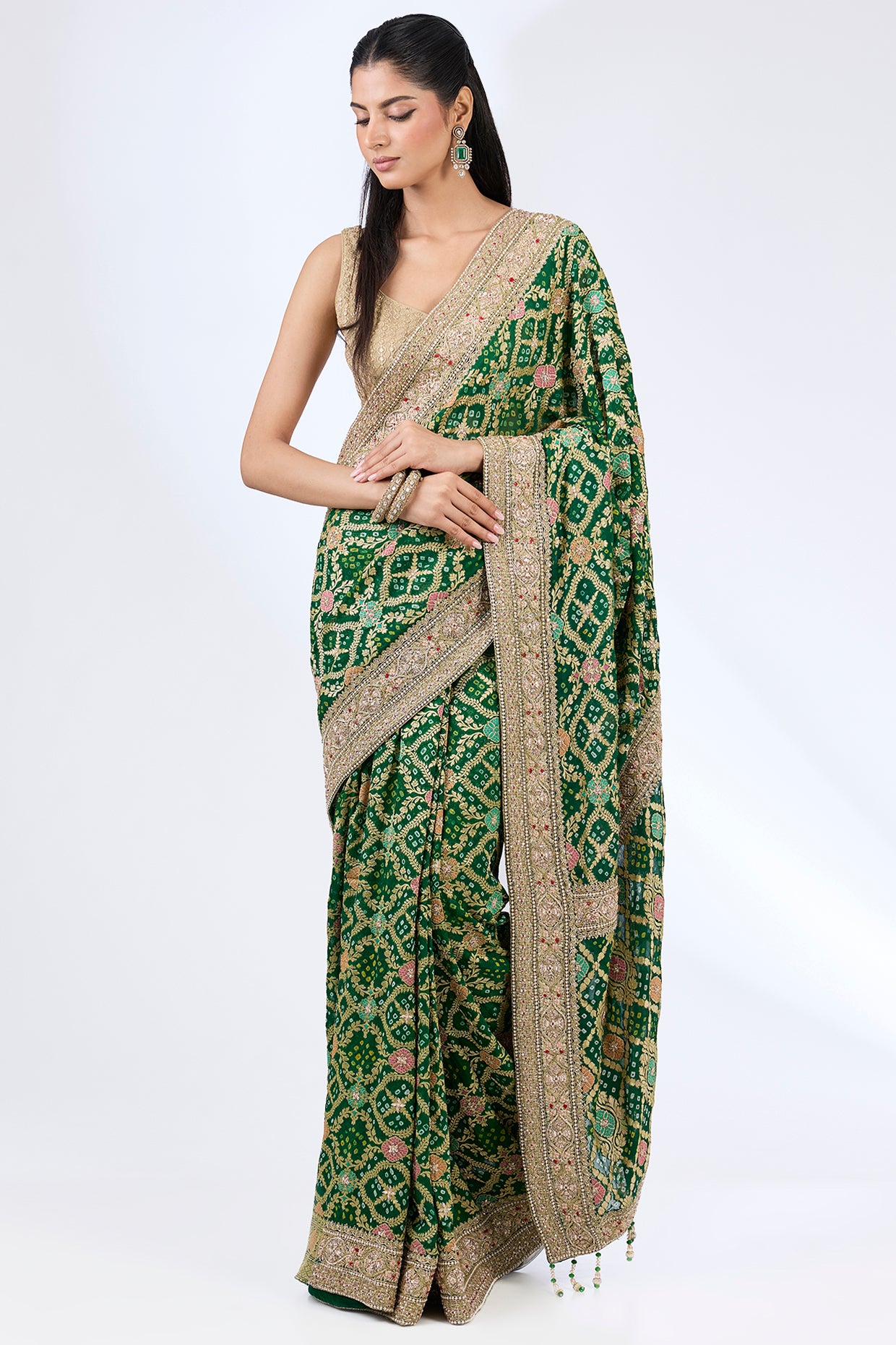 green bandhej handloom sequin & thread hand embroidered saree set