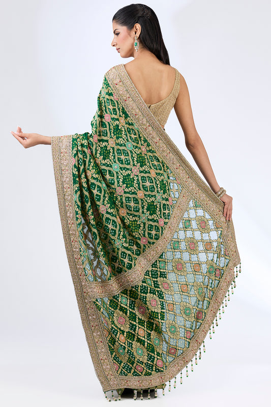 green bandhej handloom sequin & thread hand embroidered saree set