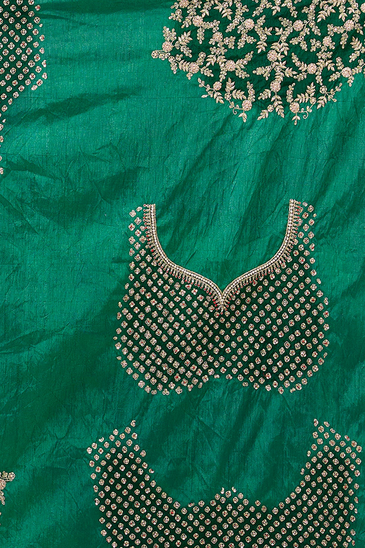 green bandhej handloom sequin & thread hand embroidered saree set