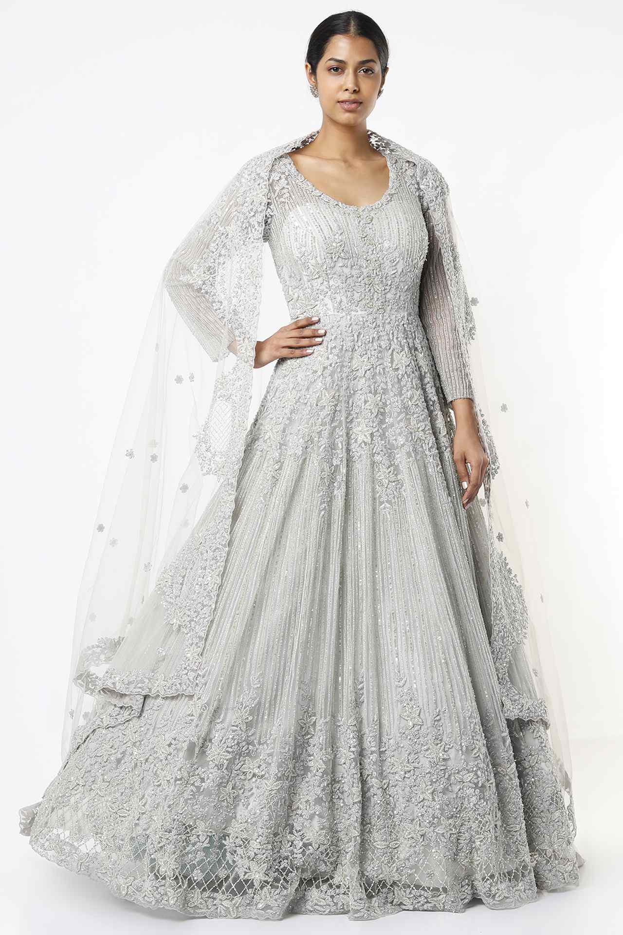 grey embroidered gown with choker dupatta