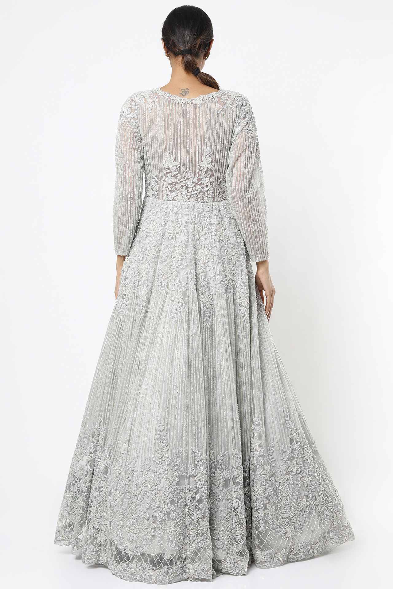 grey embroidered gown with choker dupatta