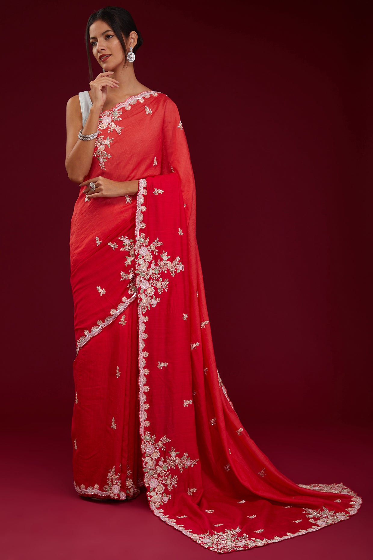 red raw silk thread embroidered saree set