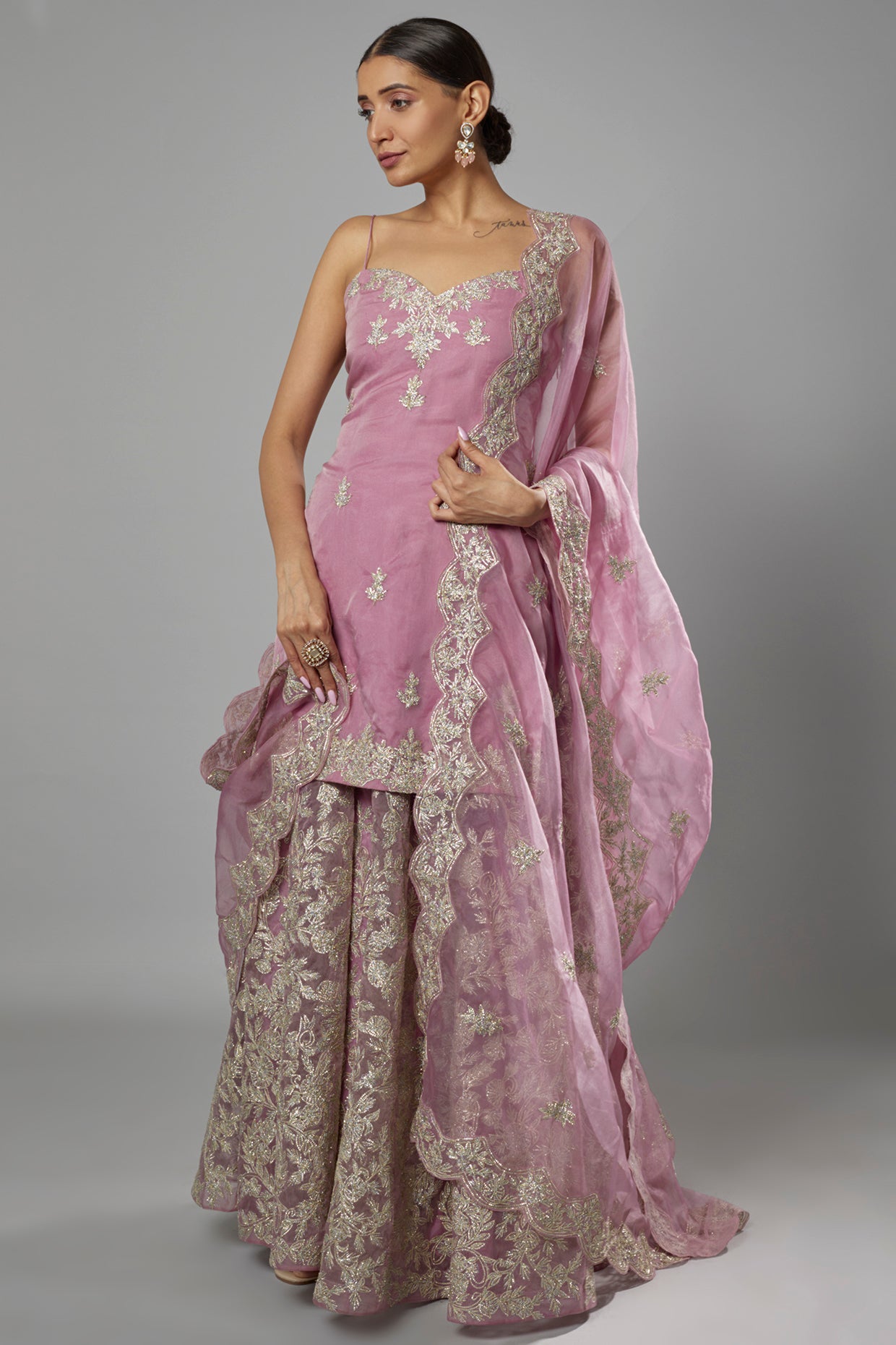 mauve organza embroidered sharara set
