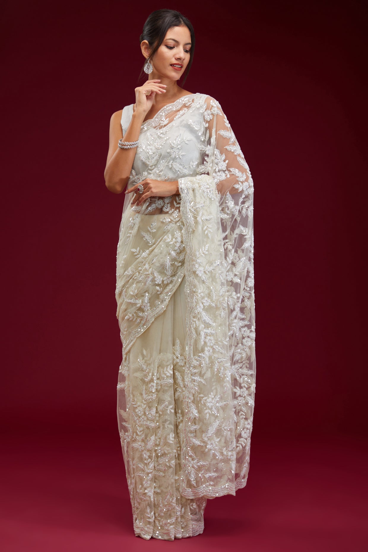 white net cutdana embroidered saree set
