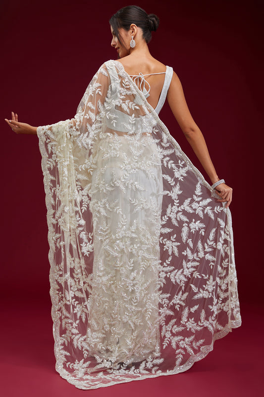 white net cutdana embroidered saree set